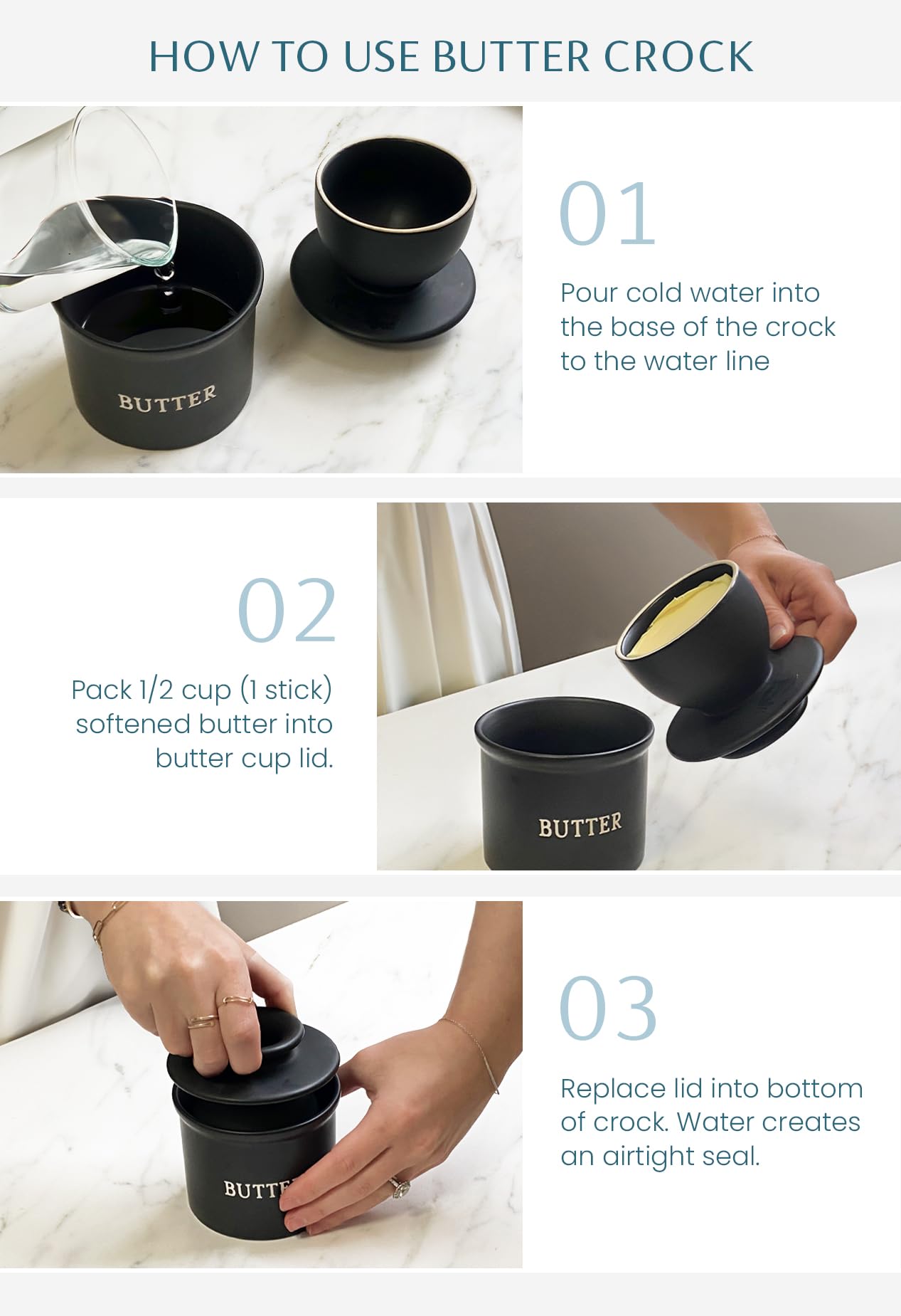 Kook Butter Crock with Lid, Soft Spreadable Butter, Ceramic French Butter Keeper to Leave On Counter with Water Line, Butter Dis